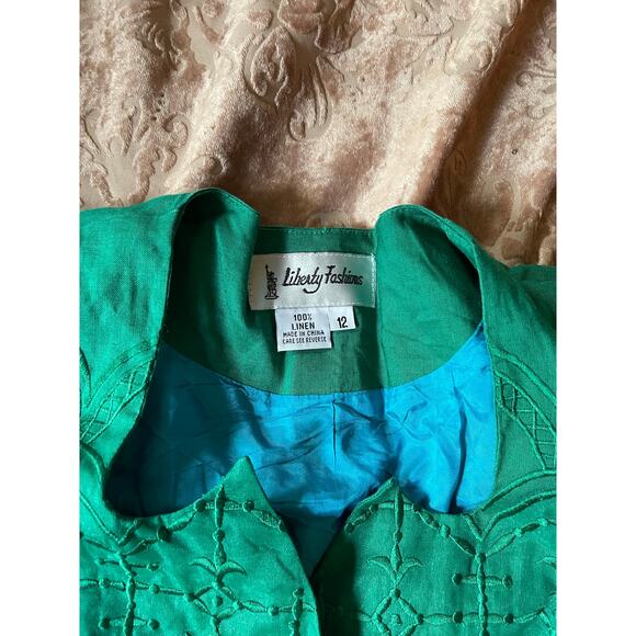 Vintage 60s linen green embroidered blouse and pant set size 12 - Picture 6 of 12